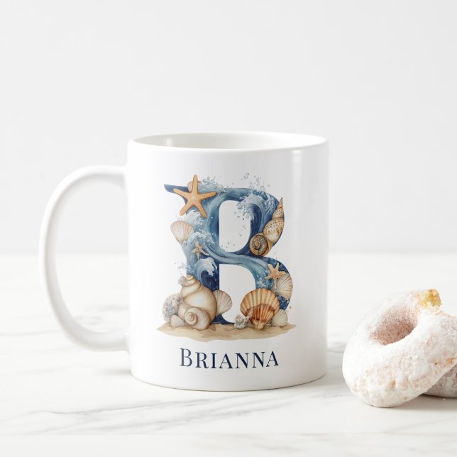 Personalisierter Küstenmonogramm-B-Initialstrand Kaffeetasse (Mit Donut)