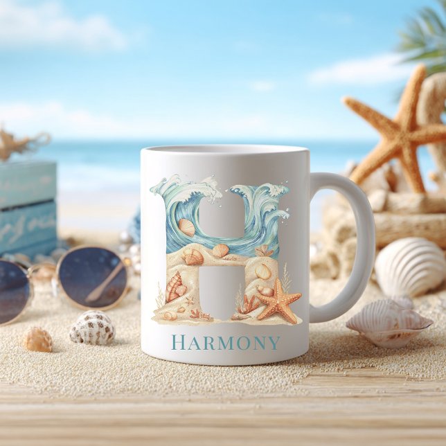 Personalisierter Küstenmonogramm-Initiale H Strand Kaffeetasse (Personalized Coastal Monogram H Initial Beach Coffee Mug)