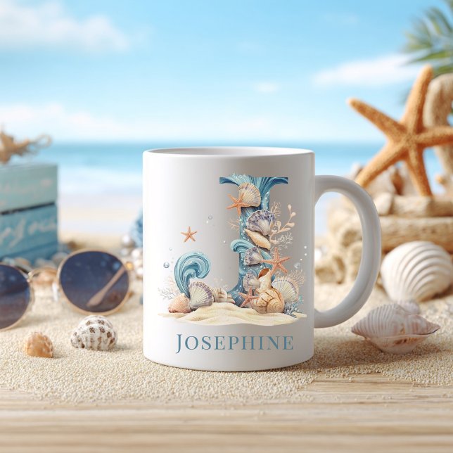 Personalisierter Küstenmonogramm-Initiale J Strand Kaffeetasse (Personalized Coastal Monogram J Initial Beach Coffee Mug)