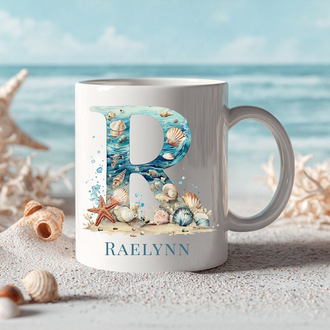 Personalisierter Küstenmonogramm-Initialen-Becher  Kaffeetasse (Personalized Coastal Monogram R Initial Beach Coffee Mug)