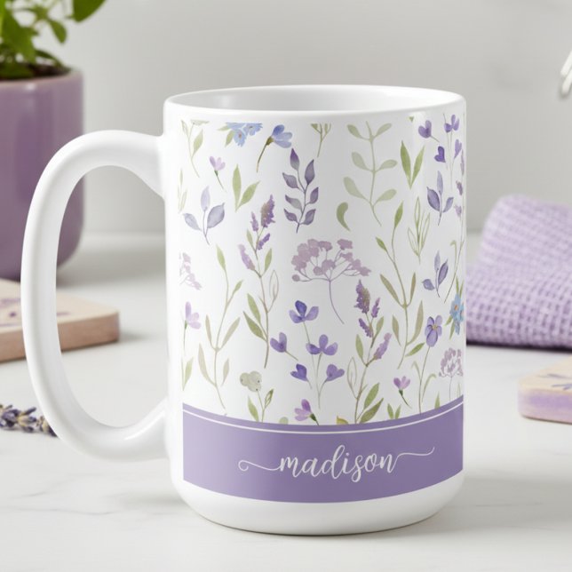 Personalisierter Lavendel-Blumenbecher Kaffeetasse (watercolor cottagecore lavender floral mug with custom name monogram, personalized gift for her)