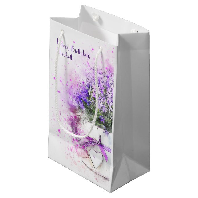 Personalisierter Lavendel Floral Wasserfarbe Gebur Kleine Geschenktüte (Vorderseite Schrägansicht)