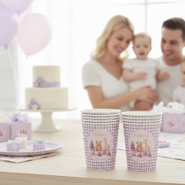 Personalisierter Lavendel-Gingham 1. Geburtstag Pappbecher