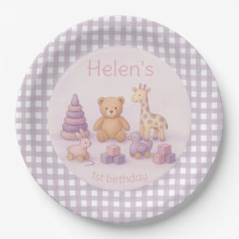Personalisierter Lavendel-Gingham-Baby-Shower Pappteller