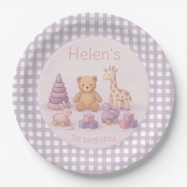 Personalisierter Lavendel-Gingham-Baby-Shower  Pappteller (Vorderseite)