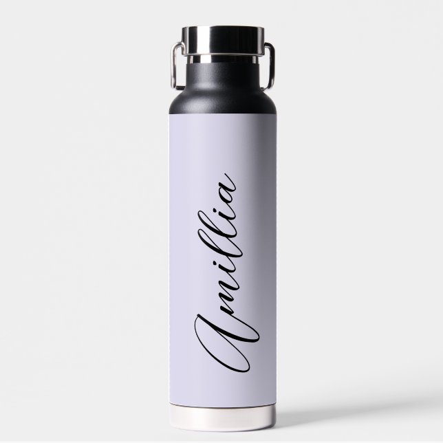 Personalisierter Lavender Black Script Hochzeitswa Trinkflasche (Vorne)