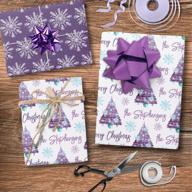 Personalisierter Lavender Frohe Weihnachtsbaumskri Geschenkpapier Set (Von Creator hochgeladen)