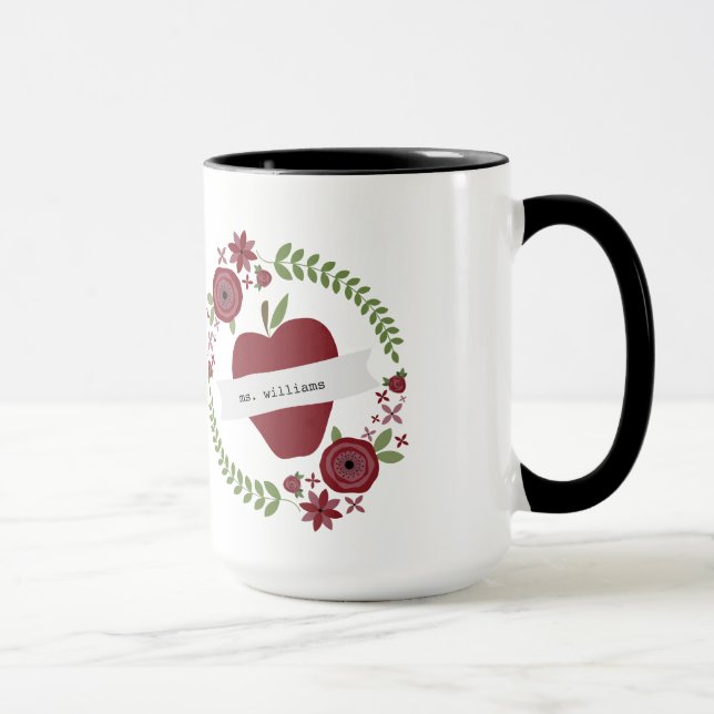 Personalisierter Lehrer Blumenwreath-roter Apples Tasse (Rechts)