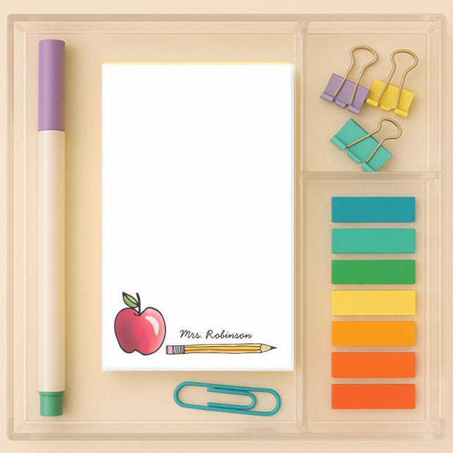 Personalisierter Lehrer für Apfel und Bleistift 4  Post-it Klebezettel (4x6 white sticky note with apple and pencil with custom name for your teacher)