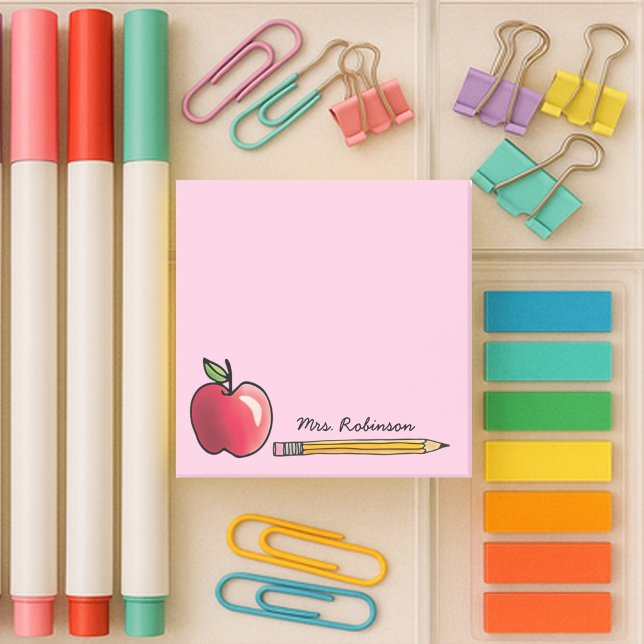 Personalisierter Lehrer für Apfel und Bleistift Pi Post-it Klebezettel (3x3 pink sticky note with apple, pencil and custom name for teachers.)