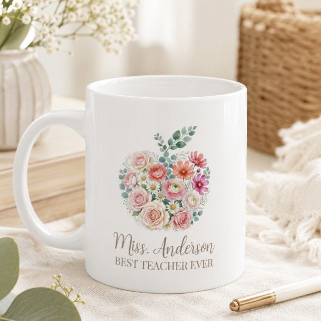 Personalisierter Lehrername Floral Apple Kaffeetasse (Von Creator hochgeladen)