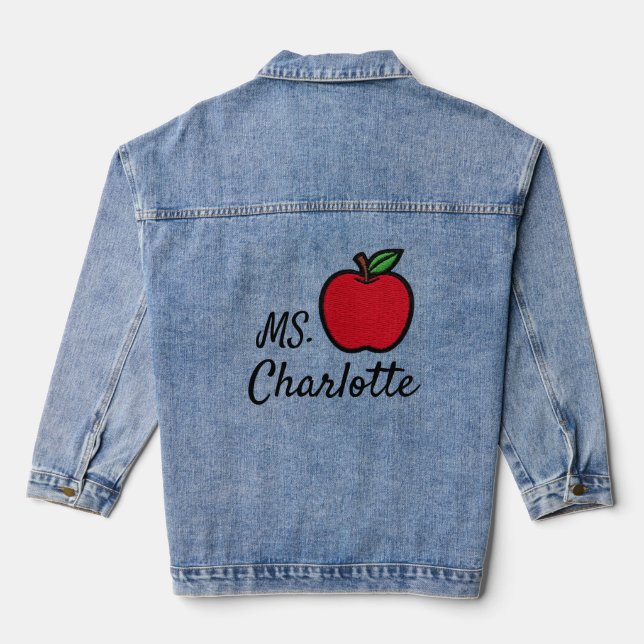 Personalisierter Lehrername Roter Apfel Viertel Jeansjacke (Rückseite)