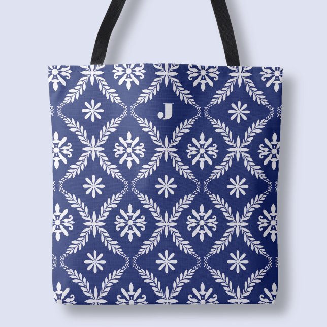 Personalisierter Letter Elegantes blaues Muster (Personalized Letter Elegant Blue Pattern Initial Tote Bag)