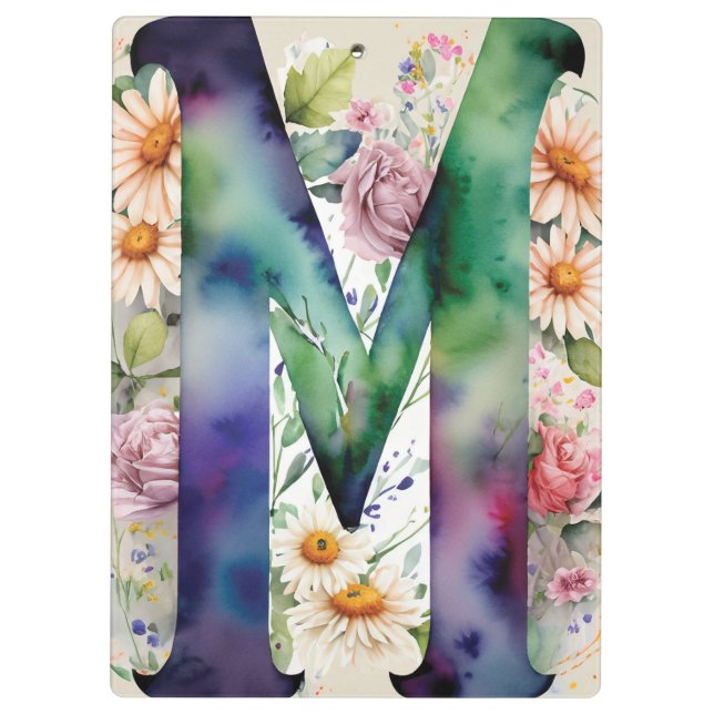 Personalisierter Letter M Floral Watercolor Lehrer Klemmbrett (Rückseite)