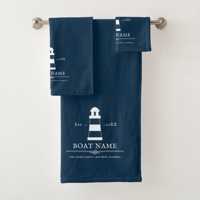 Personalisierter Leuchtturm Name Blue Nautical Badhandtuch Set (Insitu)
