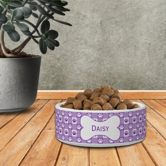Personalisierter Lila Gingham mit Paw Prints Bone Napf (Von Creator hochgeladen)