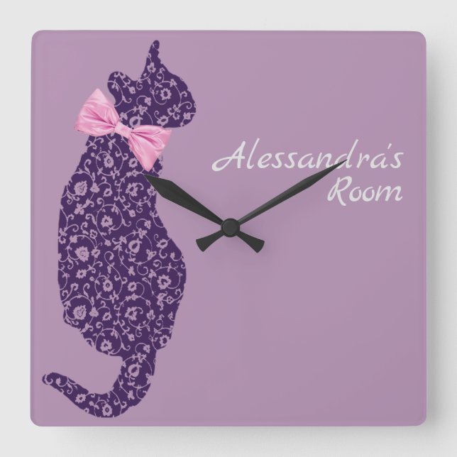 Personalisierter Lila Lace Cat Silhouette Lavendel Quadratische Wanduhr (Vorderseite)
