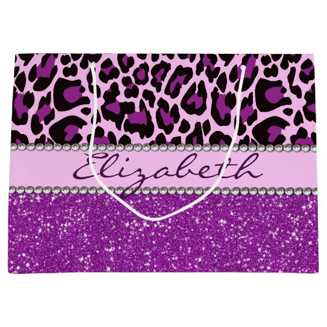 Personalisierter lila Leopard-Druck-Glitzer Große Geschenktüte (Vorderseite)