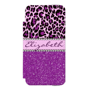 Personalisierter lila Leopard-Druck-Glitzer Incipio Watson™ iPhone 5 Geldbörsen Hülle