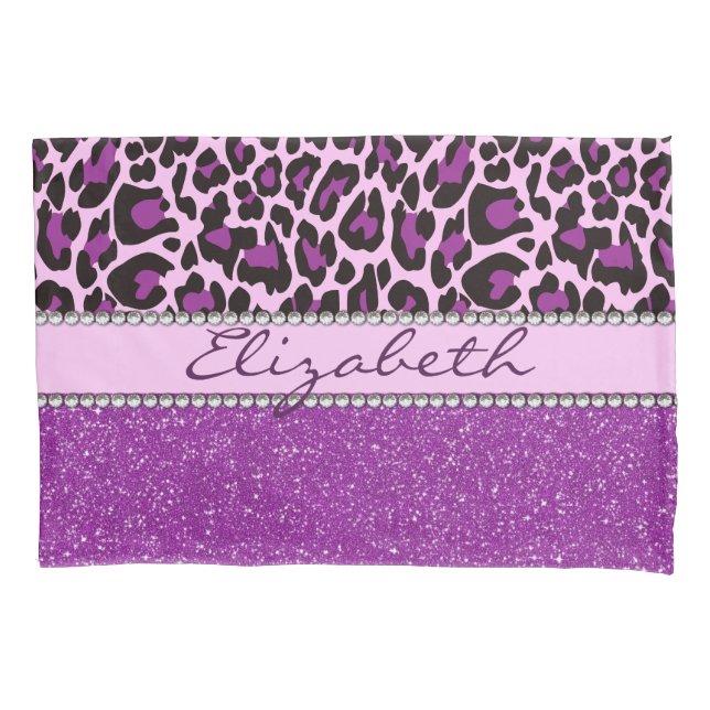 Personalisierter lila Leopard-Druck-Glitzer Kissenbezug (Vorderseite)