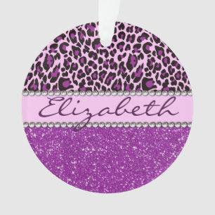 Personalisierter lila Leopard-Druck-Glitzer Ornament