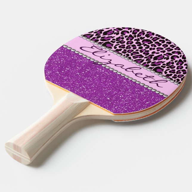 Personalisierter lila Leopard-Druck-Glitzer Tischtennis Schläger (Vorderseite)