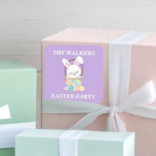 Personalisierter lila Osterhase-Party Quadratischer Aufkleber