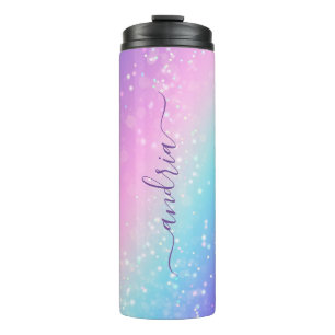 Personalisierter lila Schriftname auf Bokeh-Sterne Thermosbecher