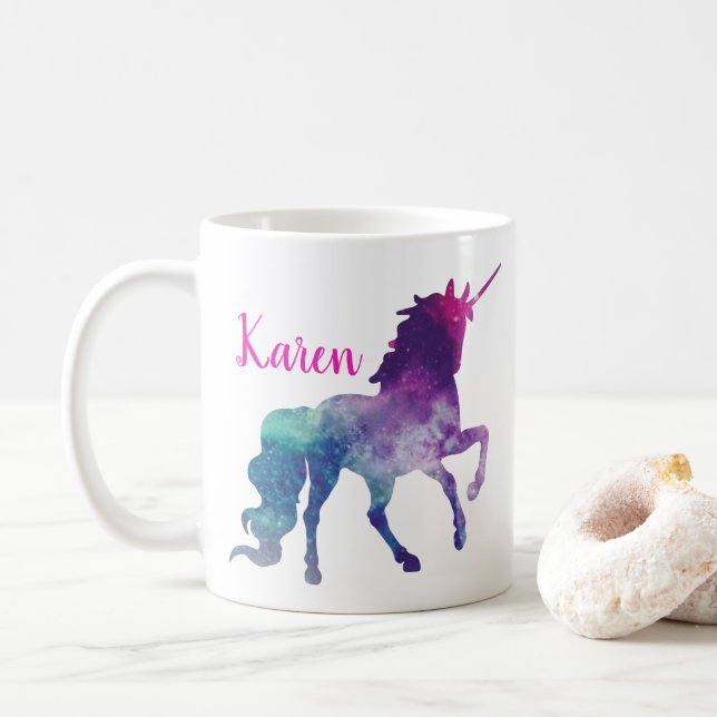 Personalisierter lila und blauer magischer Unicorn Tasse (Mit Donut)