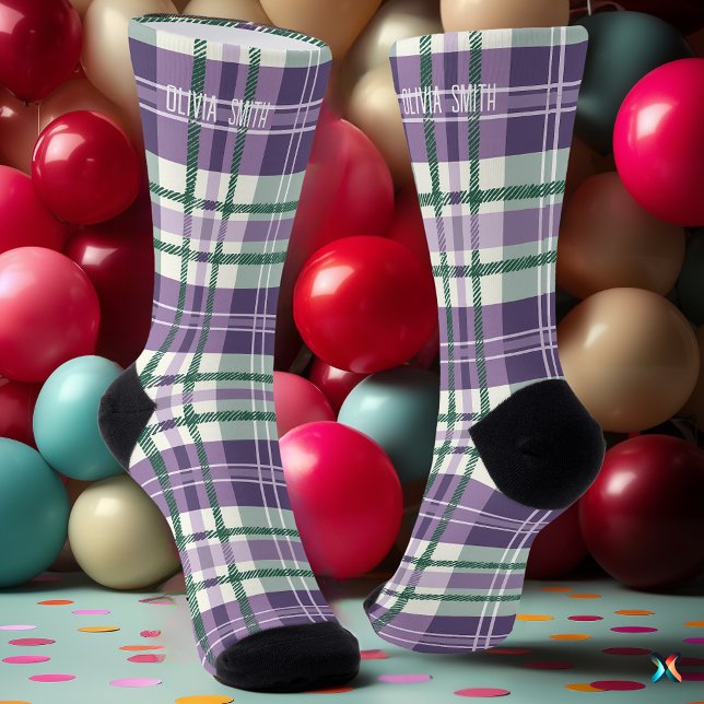 Personalisierter Lila und grüner Tartan Karierter  Socken (Von Creator hochgeladen)