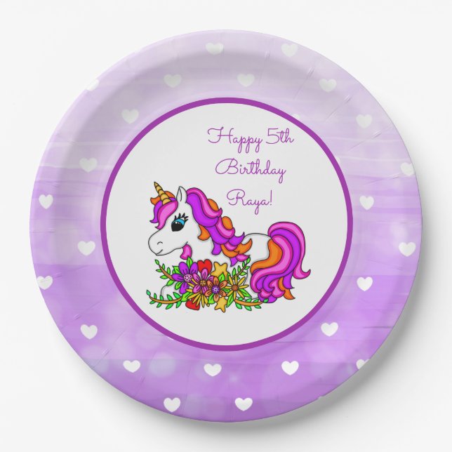 Personalisierter Lila Unicorn Happy Birthday Pappteller (Vorderseite)