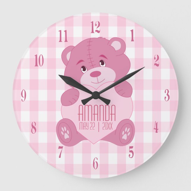 Personalisierter mädchenhafter Teddybär mit Namen  Große Wanduhr (Vorderseite)