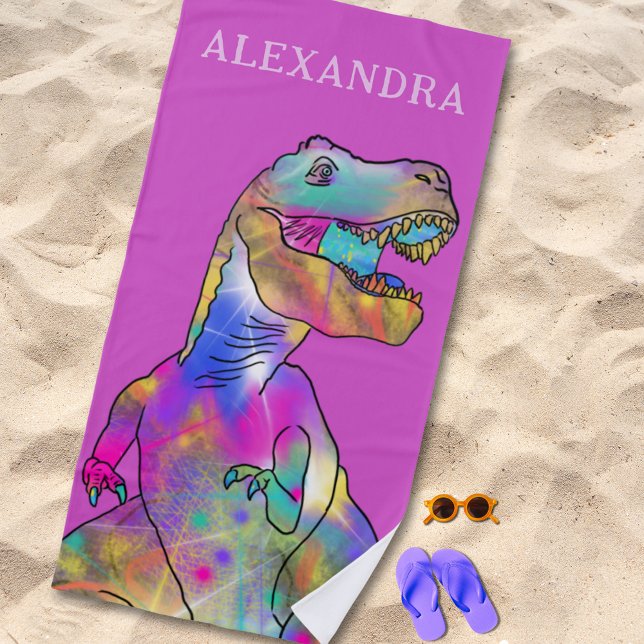 Personalisierter Mädchenname Dinosaur Strandtuch (Colorful dinosaur T-rex custom name pink beach towel funky dino for girls)