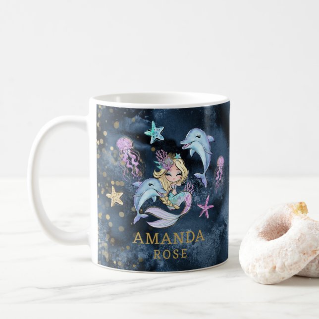 Personalisierter Mädchenname Mermaid Kinder Tasse (Mit Donut)