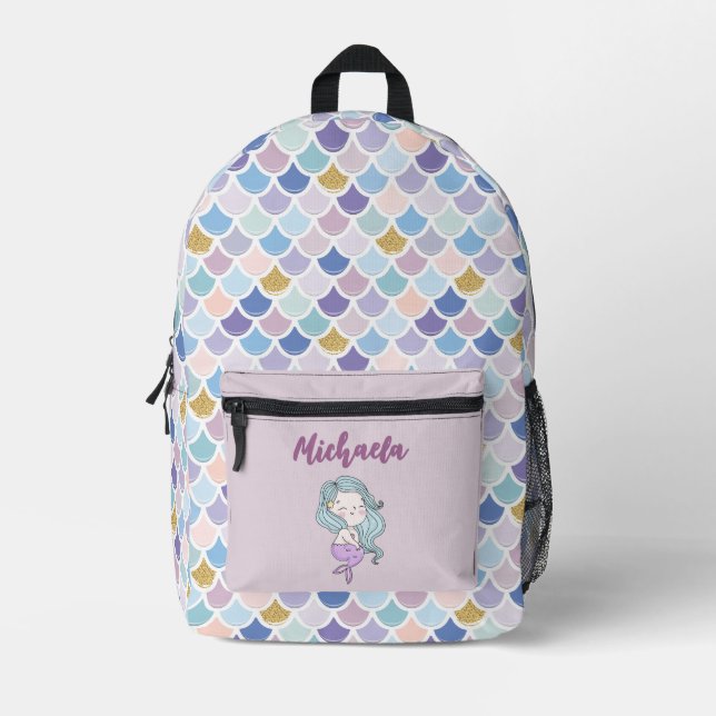 Personalisierter Mädchenname Mermaid-Skala Bedruckter Rucksack (Vorderseite)