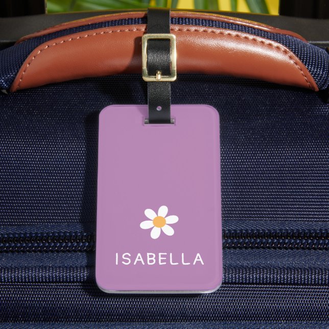 Personalisierter Mädchenname mit lila Gänseblümche Gepäckanhänger (Vorderseite Insitu 2)