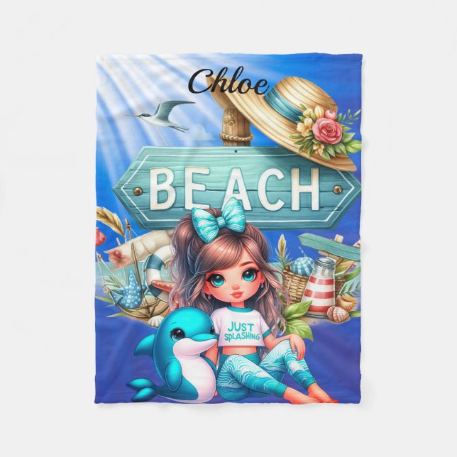 Personalisierter Mädchenname mit Strandzeichen Fleecedecke (Vorderseite)