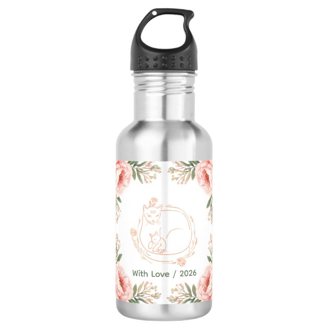 Personalisierter Mama-Katze- und Kätzchen-Blumen-M Edelstahlflasche (Vorderseite)