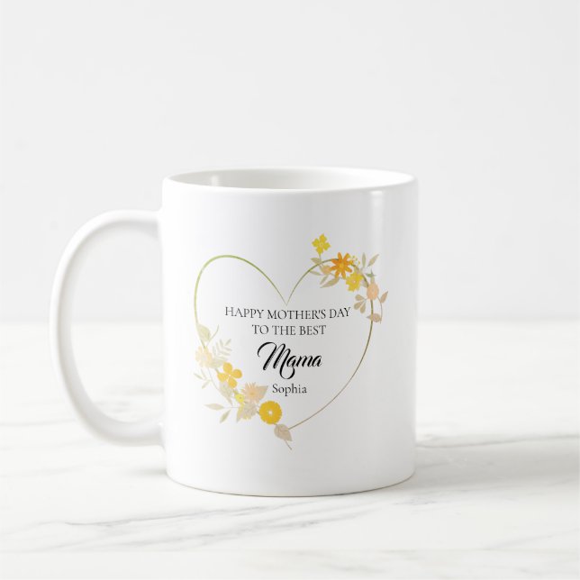 Personalisierter Mama-Name Muttertags-Blumenherz Kaffeetasse (Links)