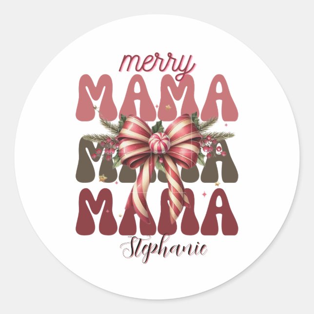 personalisierter Mama-Retro-Weihnachtsbogen Runder Aufkleber (Vorderseite)