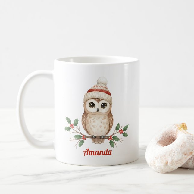 Personalisierter märchenhafter Eulen-Weihnachtsbec Kaffeetasse (Mit Donut)