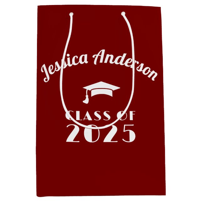 Personalisierter Maroon und weißer Abschluss Mittlere Geschenktüte (Vorderseite)