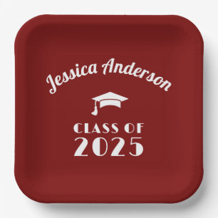 Personalisierter Maroon und weißer Abschluss Pappteller