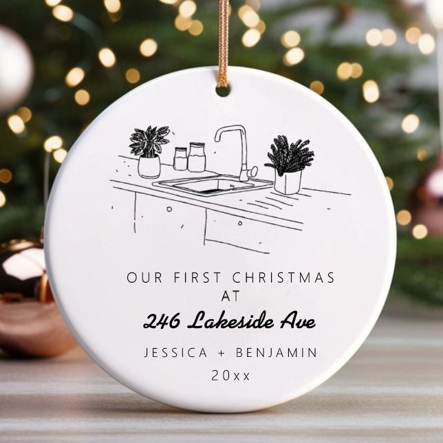 Personalisierter Minimalismus Neue Wohnung Weihnac Keramik Ornament (Personalized Minimalistic New Apartment Christmas Ceramic Ornament)