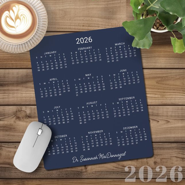 personalisierter Minimalistischer Blaukalender der Mousepad (2026 Personalized Minimalist Navy Blue Calendar Mouse Pad)