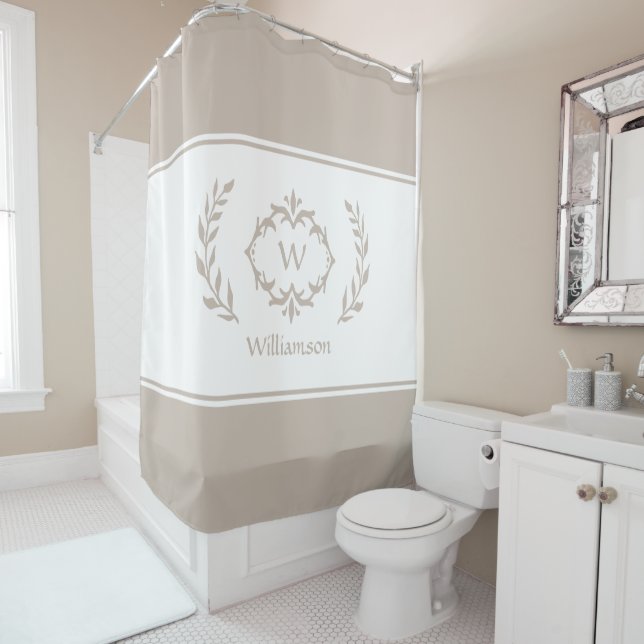 Personalisierter Mit Monogramm Name Anfangsbeige W Duschvorhang (Beispiel)