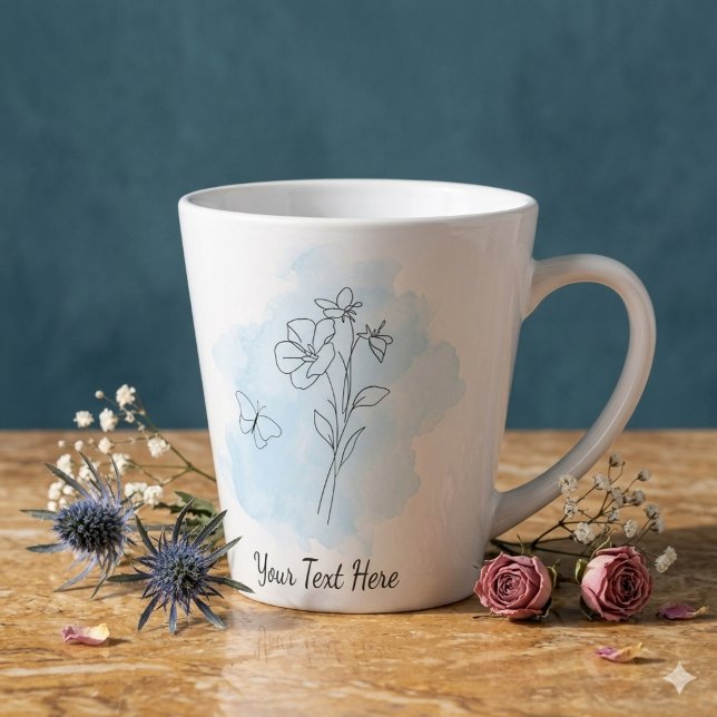 Personalisierter moderner blauer Wasserfarben-Kaff Milchtasse (Modern minimal style coffee mug with blue watercolor splash, line art, and a customizable text)
