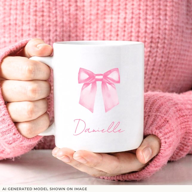 Personalisierter moderner eleganter rosa Schleifen Kaffeetasse (11 oz Pink Bow Mug is shown. Customize it with your name.)