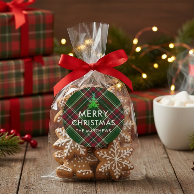 Personalisierter moderner Karo-Weihnachtsbaum-Name Runder Aufkleber (Von Creator hochgeladen)