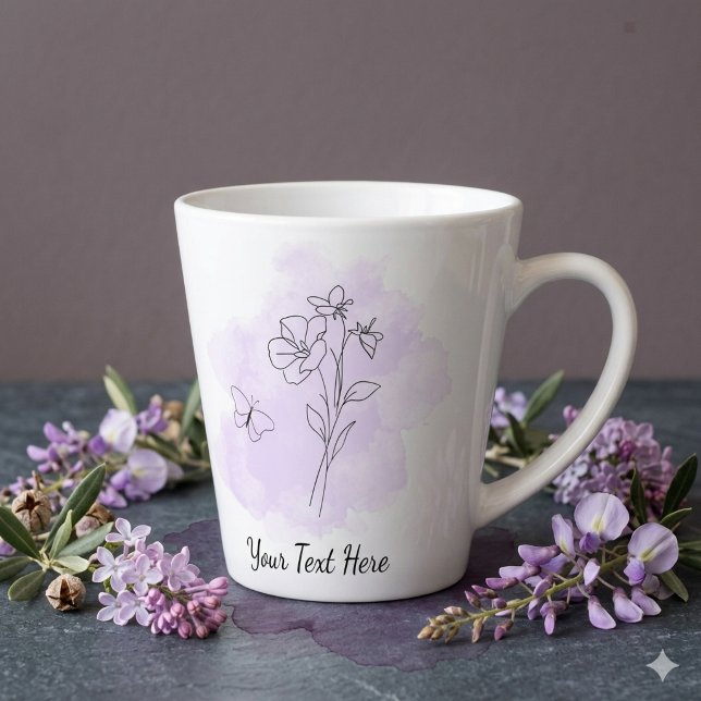 Personalisierter moderner lila Wasserfarben-Kaffee Milchtasse (Modern minimal style coffee mug with purple watercolor splash, line art, and a customizable text)